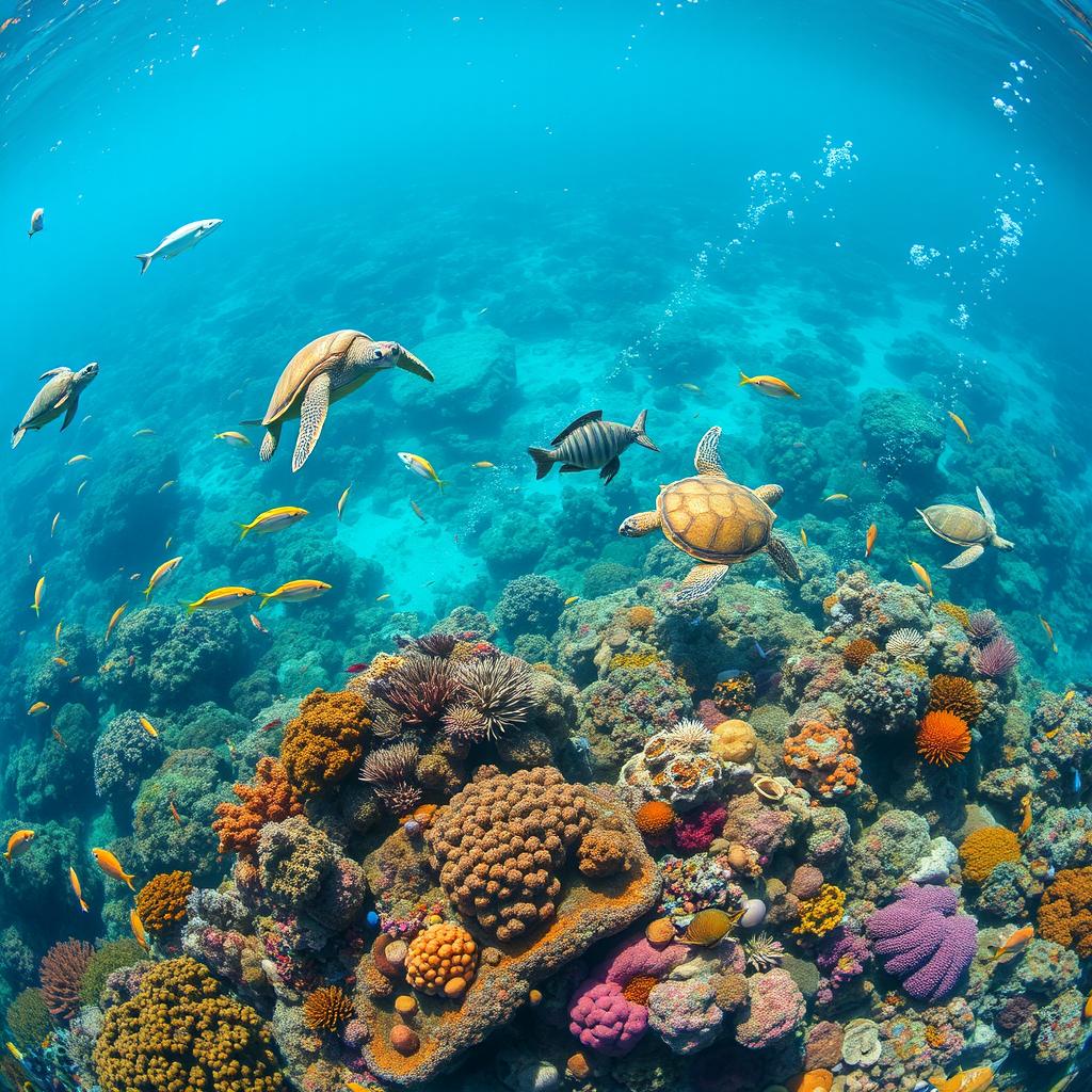 a spectacular coral reef teeming with marine life, including colorful fish, sea turtles, and vibrant corals