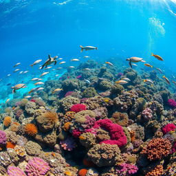 a spectacular coral reef teeming with marine life, including colorful fish, sea turtles, and vibrant corals