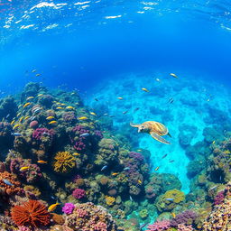 a spectacular coral reef teeming with marine life, including colorful fish, sea turtles, and vibrant corals