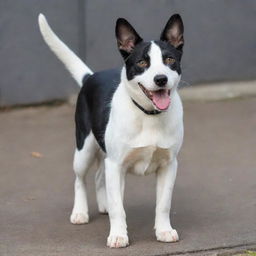 An adult cat-dog hybrid, perfectly blending feline grace and canine exuberance. The cat side has sleek, mature markings, while the dog half showcases full grown features with a wagging tail.