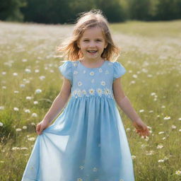 A little girl in a light blue long dress on a sunny day in a meadow filled with daisies and butterflies