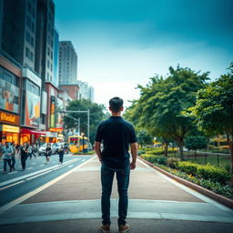 A person deciding between two urban routes: a bustling street and a tranquil park