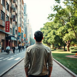 A person deciding between two urban routes: a bustling street and a tranquil park