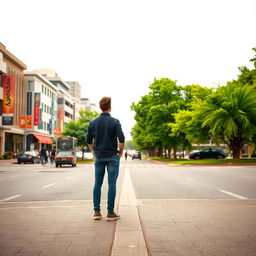 A person deciding between two urban routes: a bustling street and a tranquil park