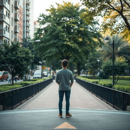 A person deciding between two urban routes: a bustling street and a tranquil park