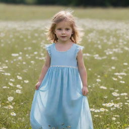 A little girl in a light blue long dress on a sunny day in a meadow filled with daisies and butterflies