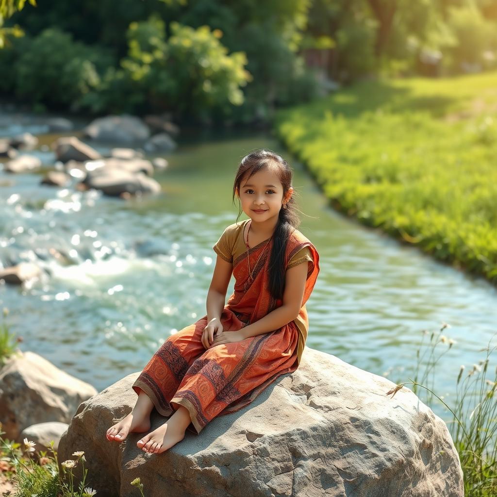 A picturesque scene of a village girl sitting on a large rock by the riverbank