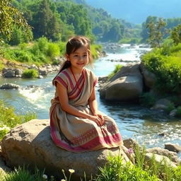 A picturesque scene of a village girl sitting on a large rock by the riverbank