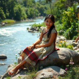 A picturesque scene of a village girl sitting on a large rock by the riverbank