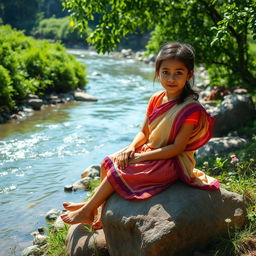 A picturesque scene of a village girl sitting on a large rock by the riverbank