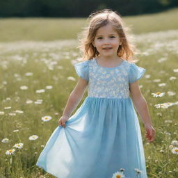 A little girl in a light blue long dress on a sunny day in a meadow filled with daisies and butterflies