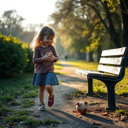 In a quiet park bathed in the soft light of early morning, Lily walks determinedly, calling out the name of her puppy with hope resonating in her voice