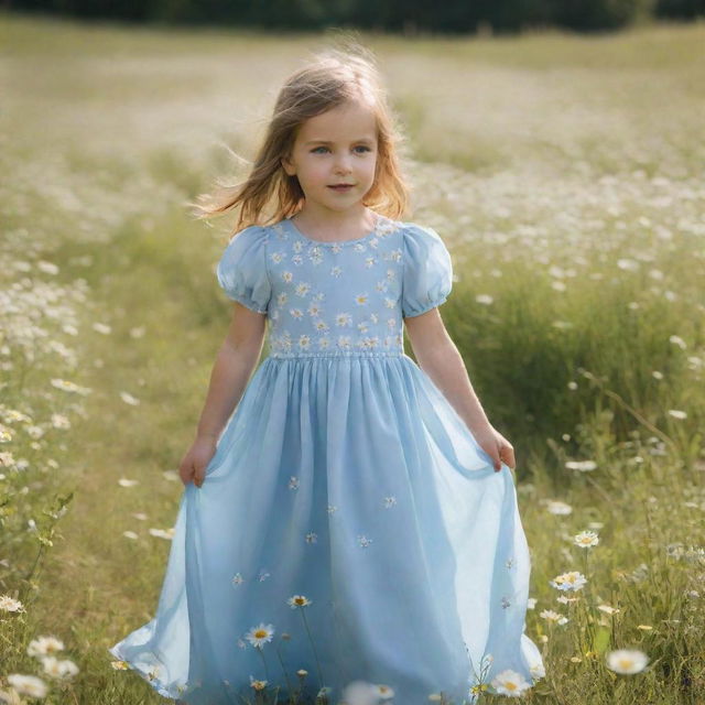 A little girl in a light blue long dress on a sunny day in a meadow filled with daisies and butterflies