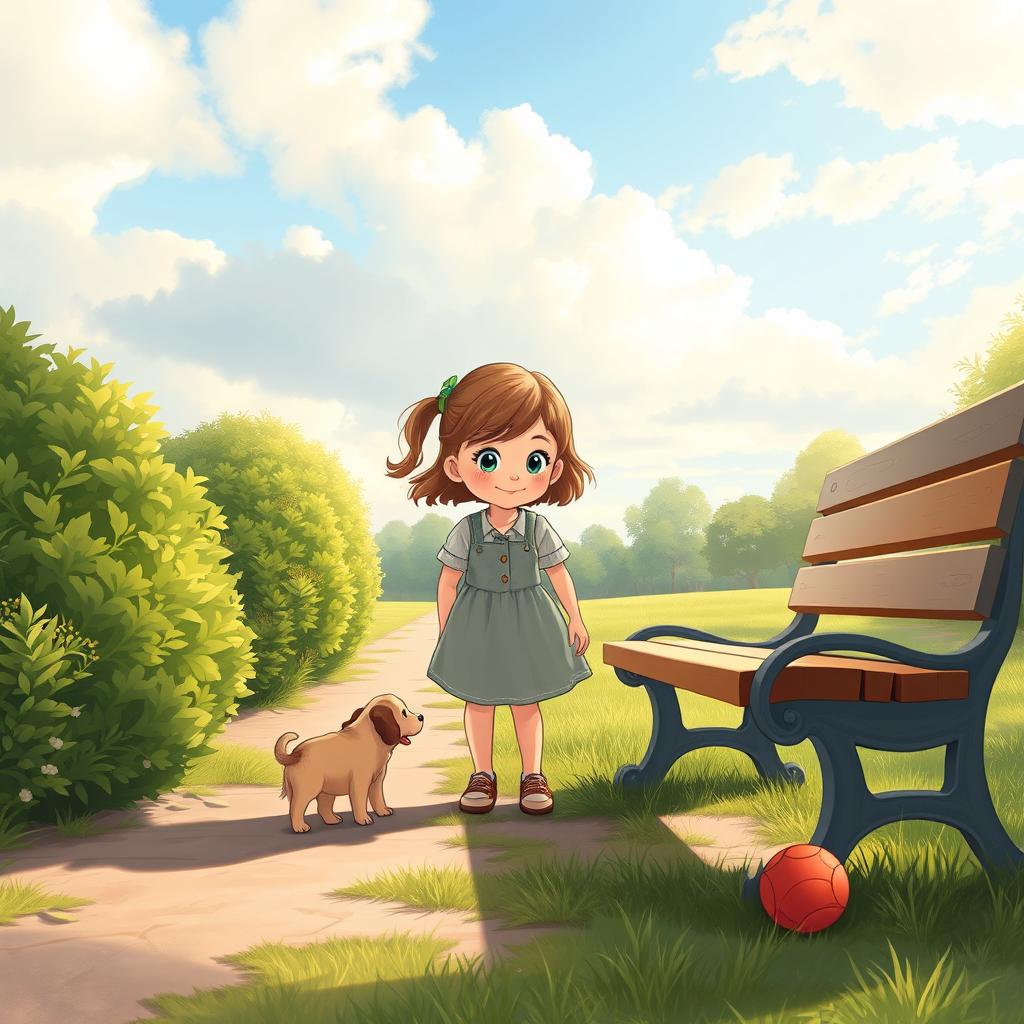 A young girl named Lili in a serene park setting, looking for her missing puppy with a sense of determination