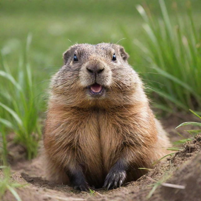 A jovial, brown groundhog full of life, poking its head out of a burrow surrounded by vibrant green grass under the bright sunshine