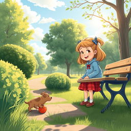 A young girl named Lili in a serene park setting, looking for her missing puppy with a sense of determination