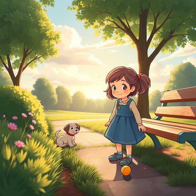 A young girl named Lili in a serene park setting, looking for her missing puppy with a sense of determination