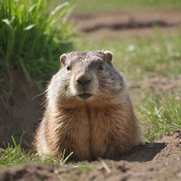 A jovial, brown groundhog full of life, poking its head out of a burrow surrounded by vibrant green grass under the bright sunshine