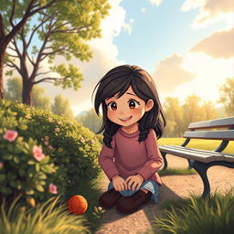 A 12-year-old girl named Lili with dark hair in a serene park setting, looking for her missing puppy with a sense of determination