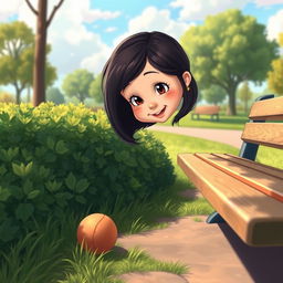 A 12-year-old girl named Lili with dark hair in a serene park setting, looking for her missing puppy with a sense of determination