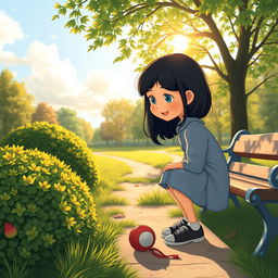 A 12-year-old girl named Lili with dark hair in a serene park setting, looking for her missing puppy with a sense of determination