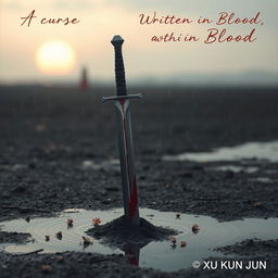 A lone sword stands upright, partially buried in the ground, on a desolate, rain-soaked landscape