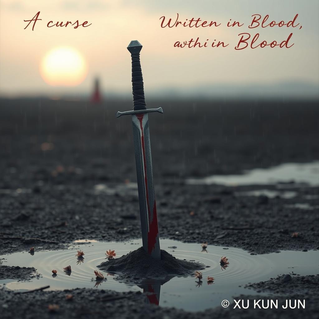 A lone sword stands upright, partially buried in the ground, on a desolate, rain-soaked landscape