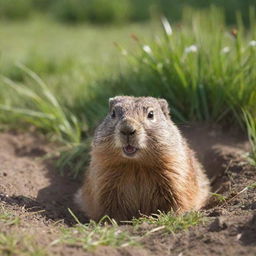 A jovial, brown groundhog full of life, poking its head out of a burrow surrounded by vibrant green grass under the bright sunshine