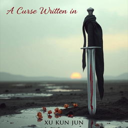 A lone sword stands upright, partially buried in the ground, on a desolate, rain-soaked landscape