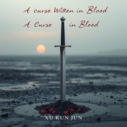 A lone sword stands upright, partially buried in the ground, on a desolate, rain-soaked landscape