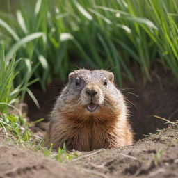 A jovial, brown groundhog full of life, poking its head out of a burrow surrounded by vibrant green grass under the bright sunshine