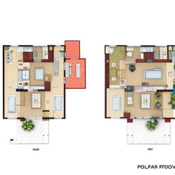 An open floor plan featuring two master bedrooms, a small storage room, a shared bathroom, and an open kitchen. A spacious living room opens to a balcony, as does one of the master bedrooms.