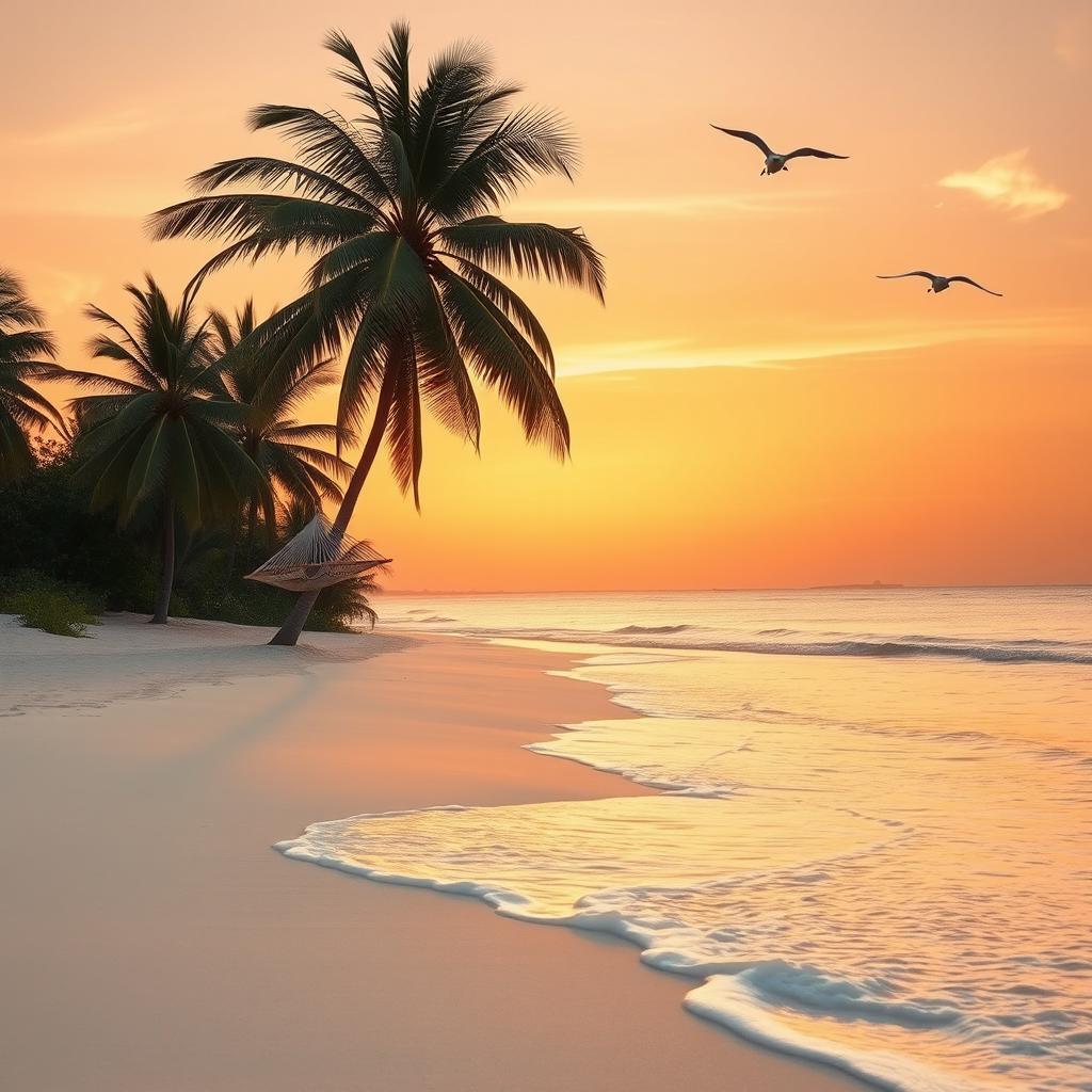 A serene landscape of a secluded beach at sunset