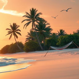 A serene landscape of a secluded beach at sunset