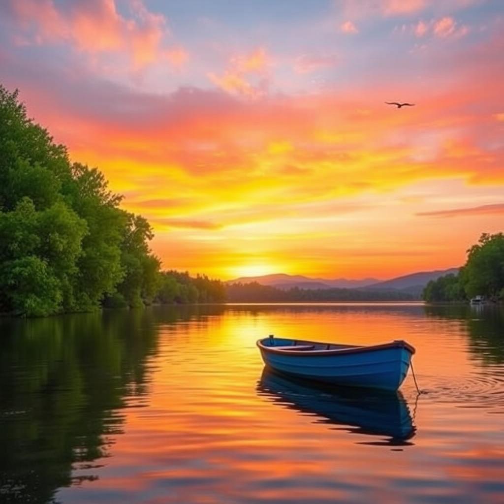 A serene lakeside at dusk with a bright blue rowboat gently rocking on the water