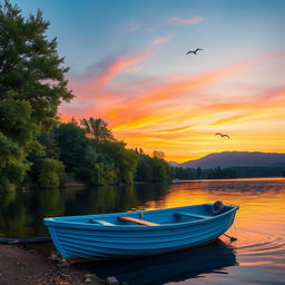 A serene lakeside at dusk with a bright blue rowboat gently rocking on the water