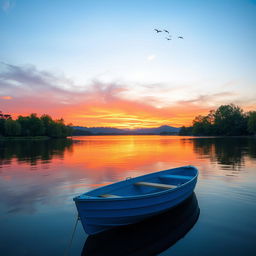 A serene lakeside at dusk with a bright blue rowboat gently rocking on the water