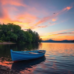 A serene lakeside at dusk with a bright blue rowboat gently rocking on the water