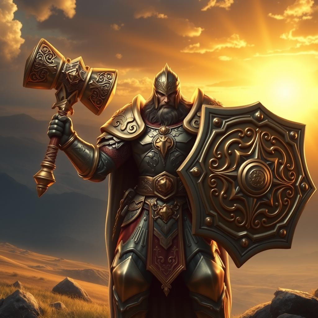 A powerful and heroic male paladin, clad in gleaming, ornate armor