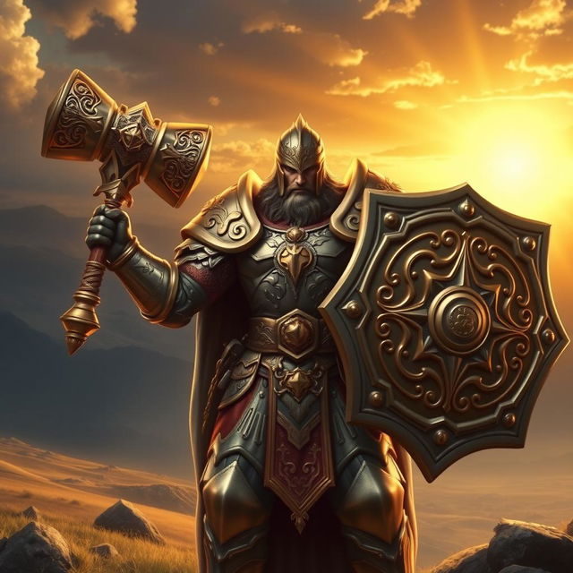 A powerful and heroic male paladin, clad in gleaming, ornate armor