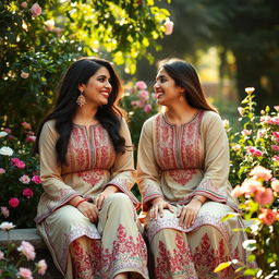 Two Pakistani women sitting together in a garden, engaged in a friendly and intimate conversation with laughter and joy