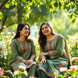 Two Pakistani women sitting together in a garden, engaged in a friendly and intimate conversation with laughter and joy