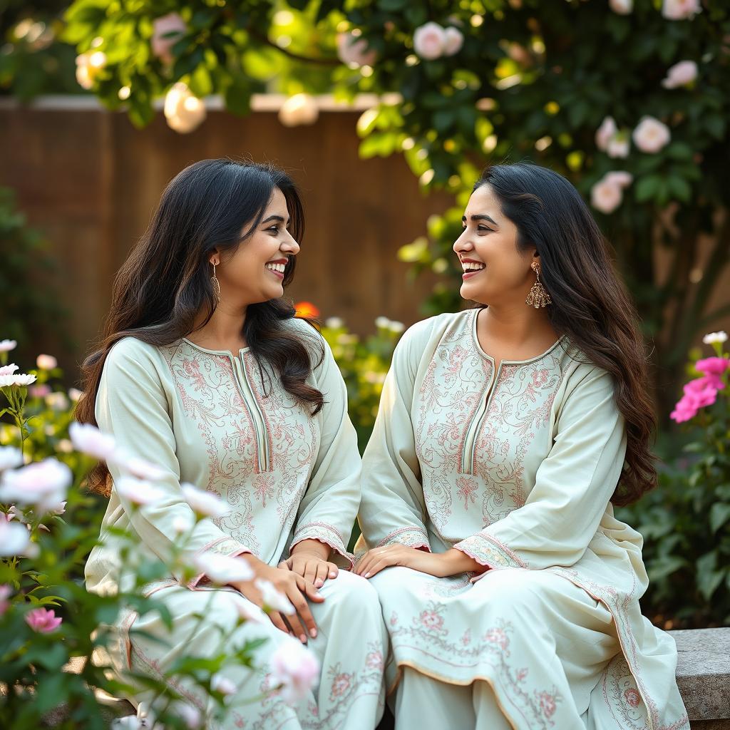 Two Pakistani women sitting together in a garden, engaged in a friendly and intimate conversation with laughter and joy