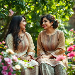 Two Pakistani women sitting together in a garden, engaged in a friendly and intimate conversation with laughter and joy