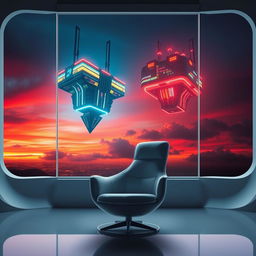 A scientific poster featuring a futuristic room with a minimalist design, showcasing a central chair with sleek, modern lines