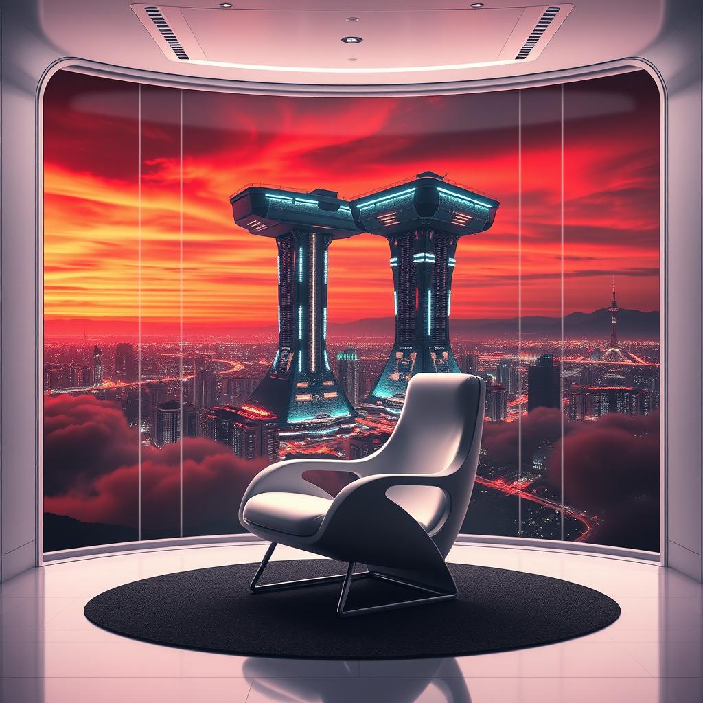 A scientific poster featuring a futuristic room with a minimalist design, showcasing a central chair with sleek, modern lines