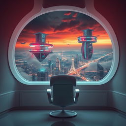 A scientific poster featuring a futuristic room with a minimalist design, showcasing a central chair with sleek, modern lines