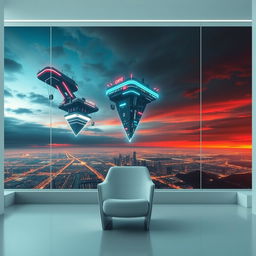 A scientific poster featuring a futuristic room with a minimalist design, showcasing a central chair with sleek, modern lines