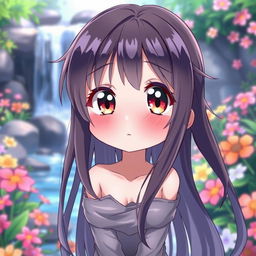 cute anime girl with a shy expression, large expressive eyes, and a blush on her cheeks