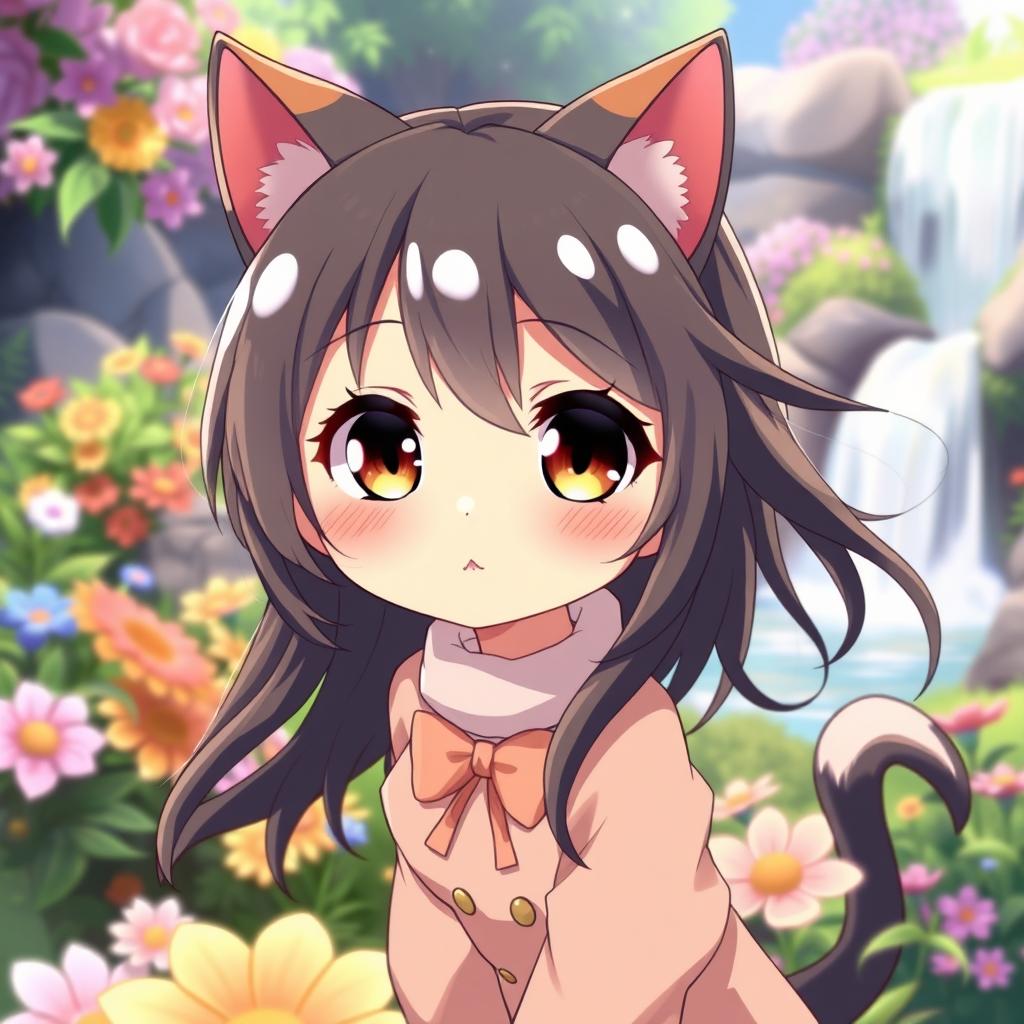 anime cat girl with a shy expression, large expressive eyes, and a blush on her cheeks